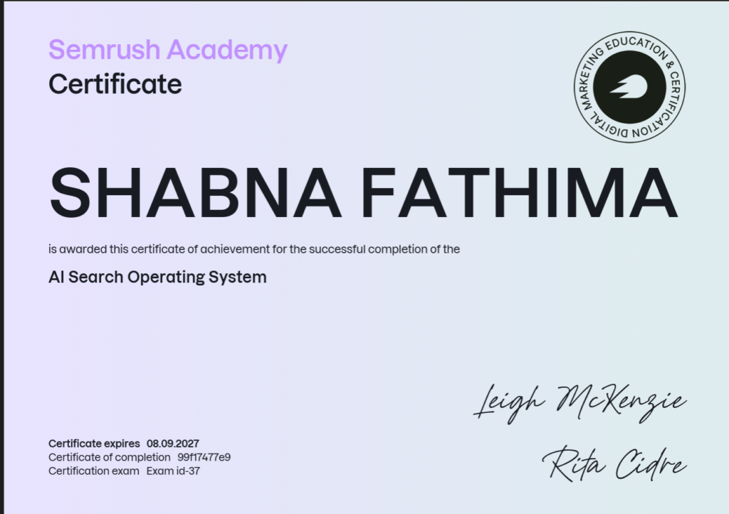 Semrush Academy certificate awarded to Shabna Fathima for successfully completing the AI Search Operating System course.