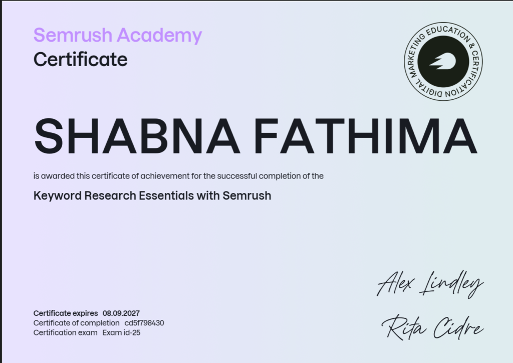 Semrush Academy certificate awarded to Shabna Fathima for successfully completing the Keyword Research Essentials with Semrush course.