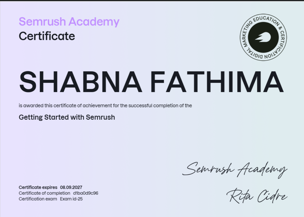 Semrush Academy certificate awarded to Shabna Fathima for successfully completing the Getting Started with Semrush course.